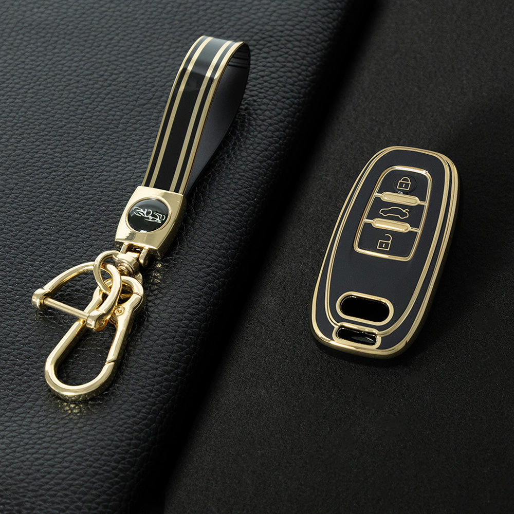AUB1T1 Black-Gold Plating Car Key Cover Silver Trim Full-Coverage TPU Key Cover for Audi A6L/A7/A8/A3/A5/Q5/S6 - Anti-Scratch Protective Case