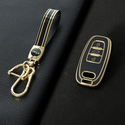 AUB1T1 Black-Gold Plating Car Key Cover Silver Trim Full-Coverage TPU Key Cover for Audi A6L/A7/A8/A3/A5/Q5/S6 - Anti-Scratch Protective Case