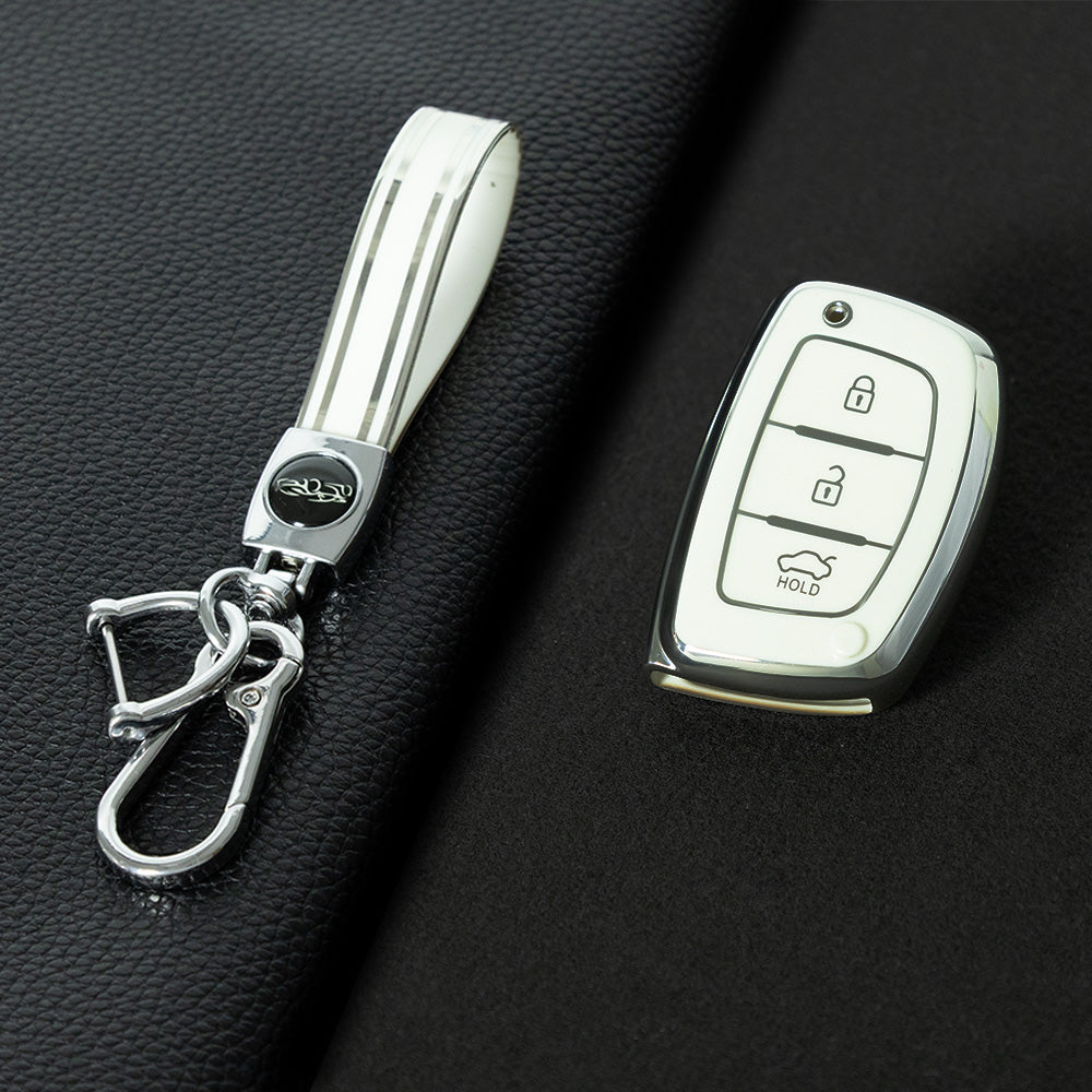 HYD2T1 White-Silver Plating Car Key Cover Suitable for Modern Car Keycases, Langdong Ix35 Anti Drop protection Sonata Eight Shell Buckle keychain