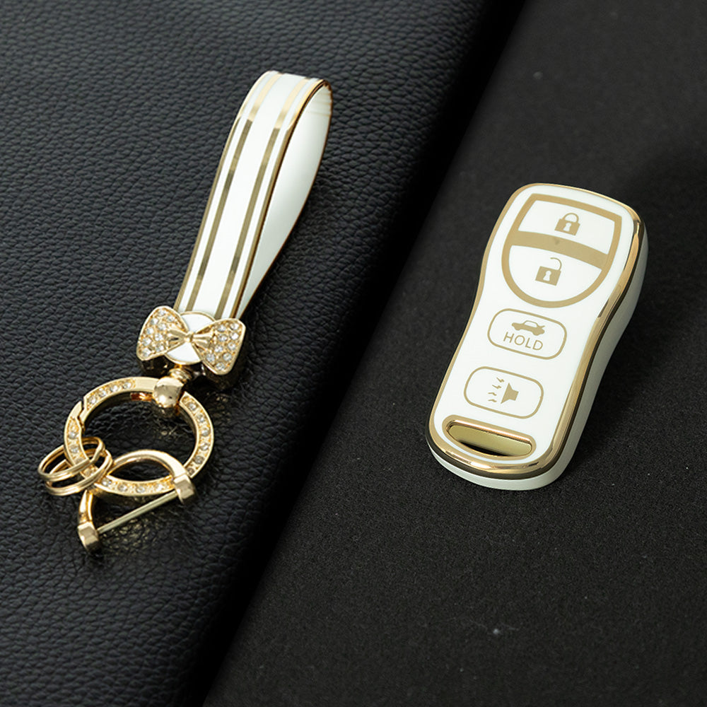 NIJ2T1 White-Gold Plating TPU Car Key Cover for Nissan 350Z Maxima Sentra Armada Titan Kicks Murano
