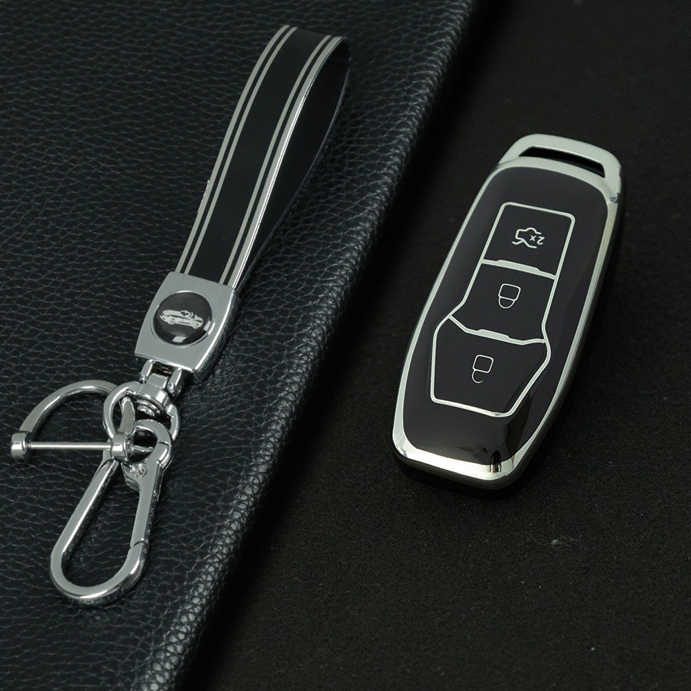 FOU3T1 Black-Silver Plating Soft Shell Fob Holder TPU Car Key Cover Case for Ford Fusion Mondeo Mustang F-150 Explorer Edge 2015 2016