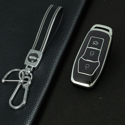 FOU3T1 Black-Silver Plating Soft Shell Fob Holder TPU Car Key Cover Case for Ford Fusion Mondeo Mustang F-150 Explorer Edge 2015 2016