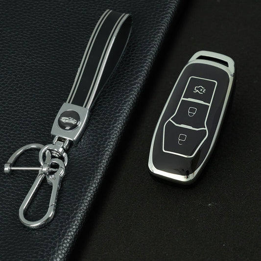 FOU3T1 Black-Silver Plating Soft Shell Fob Holder TPU Car Key Cover Case for Ford Fusion Mondeo Mustang F-150 Explorer Edge 2015 2016