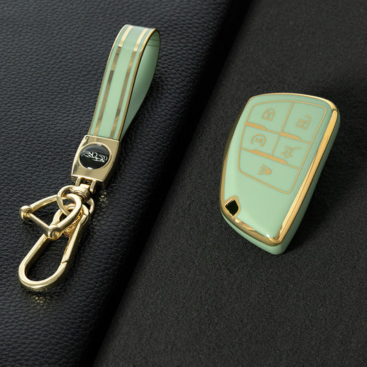 CEV3T1 Green-Gold Plating Car Key Cover Tpu Car Key Case Fob Cover Shell for Chevrolet Tahoe Suburban for GMC Yukon for Buick ENVISION S Plus Avenir 2020 2021 2022 2023