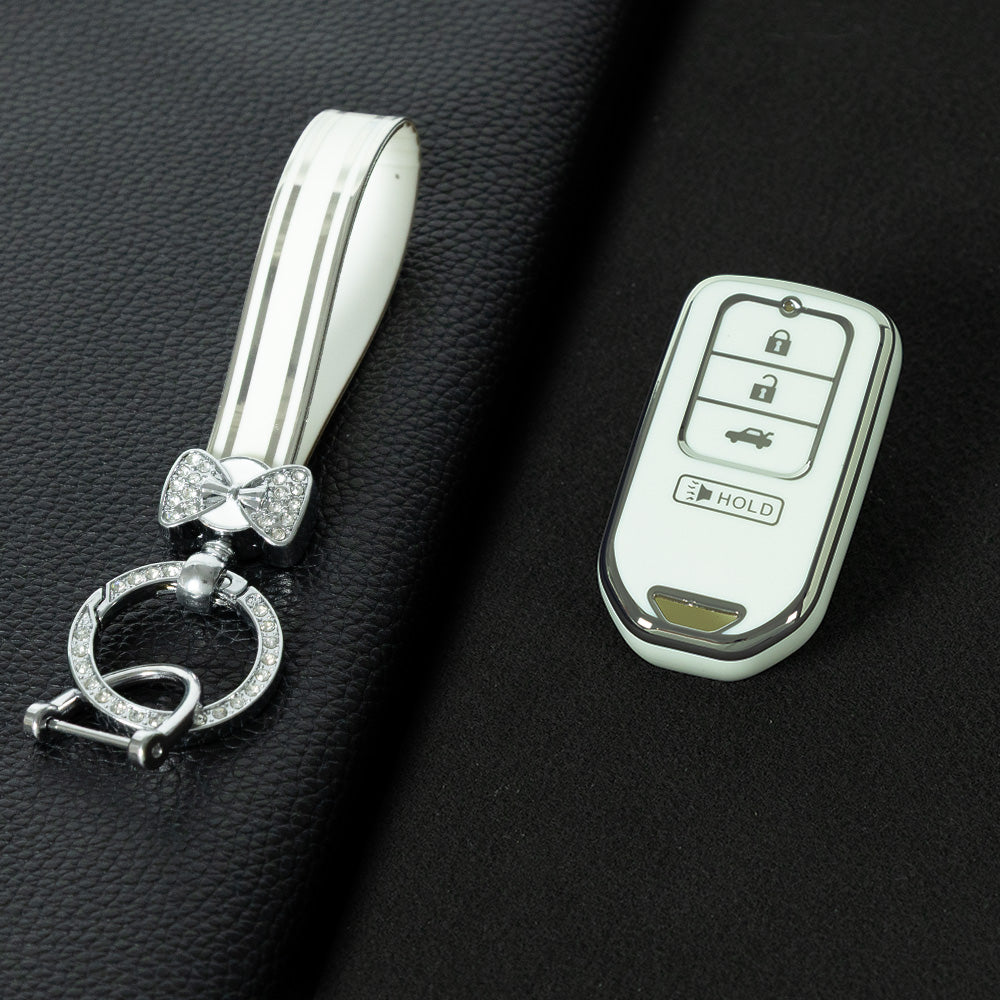 HOA10T1 White-Silver Plating TPU Car Key Case Cover for Honda Accord Civic Passport Pilot Odyssey Ridgeline HRV CRV