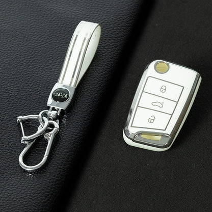 VOF1T1 White-Silver Plating TPU Premium Soft Car Key Case Cover Shell for Volkswagen Tiguan L Lavida Plus Golf 7 Polo Skoda Key Rings Keychain Bag Accessory