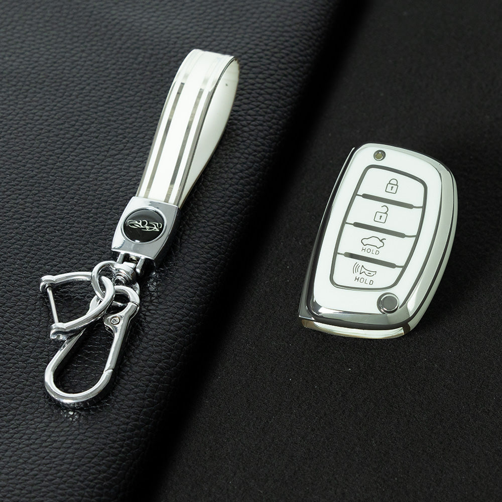 HYD3T1 White-Silver Plating 4 Buttons Key Case TPU Car Key Cover Shell Fob for Hyundai Tucson Santa Fe Rena Sonata Elantra Creta Ix35 Ix45 I10 I30 I40