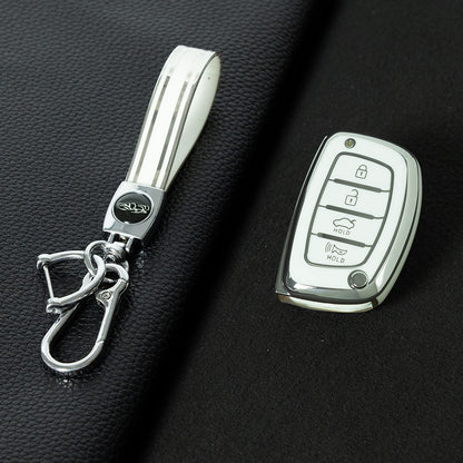 HYD3T1 White-Silver Plating 4 Buttons Key Case TPU Car Key Cover Shell Fob for Hyundai Tucson Santa Fe Rena Sonata Elantra Creta Ix35 Ix45 I10 I30 I40