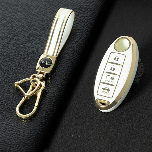 NIB9T1 White-Gold Plating TPU Car Key Case Cover for Nissan Note Qashqai Pathfinder Rogue Versa Infiniti Q50 Kia