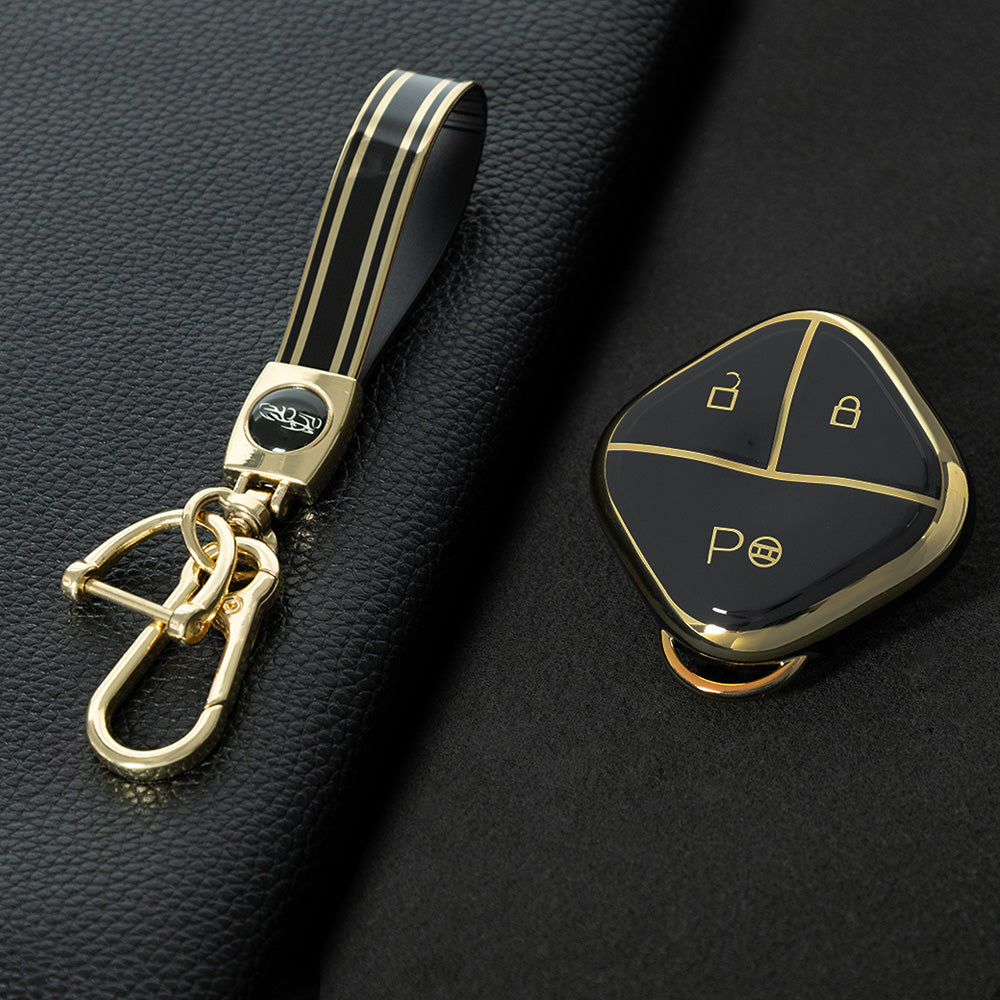 WUG1T1 Black-Gold Plating Car Key Cover Soft TPU Car Key Case Cover Shell Sleeve for SGMW WULING Airev Baojun KiWiEV Bingguo SUNSHINE MINI EV Key Rings Keychain Bag