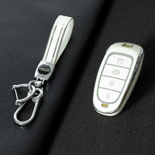 HYE2T1 White-Silver Plating New Fashion TPU Car Key Case Fob Remote Cover Shell Holder for Hyundai Santa Fe Tucson 2022 NEXO NX4 Atos Prime Solaris 2021