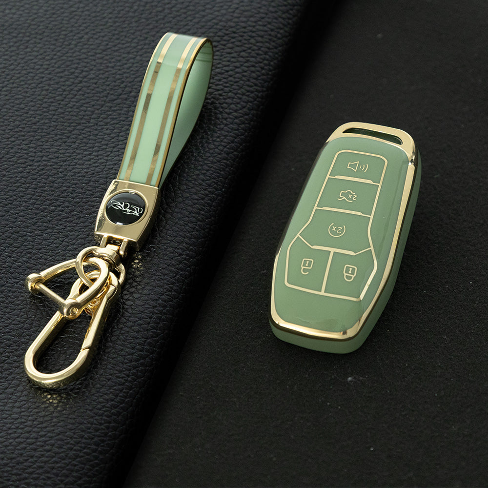 FOC2T1 Green-Gold Plating Soft Tpu Car Key Case Fob Cover for Ford Fusion Mondeo Mustang F-150 Explorer Edge 2015 2016 2017 2018 Car Accessories