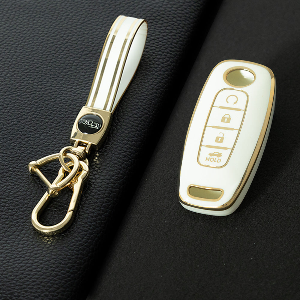 NIA7T1 White-Gold Plating TPU Car Key Cover Fob Holder Suitable for Nissan Sylphy Bluebird Teana X-Trail Murano GTR