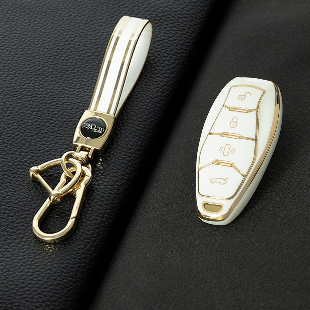 HND1T1 White-Gold Plating Car Key Cover For  Hongqi H5 Keycase, Brand New HQ9 Hongqi Car High-end Key case Buckle keychain