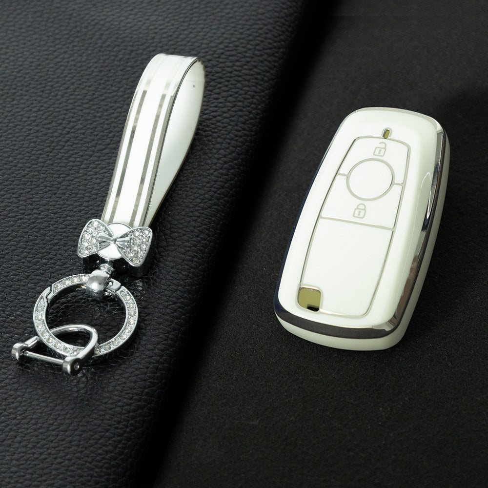 FOB2T1 White-Silver Plating Car Key Cover TPU Car Key Cover Protector Fob Fit for Ford F-150 F-250 F-350 Ecosport Edge Explorer Fusion Mustang Car Key Holder