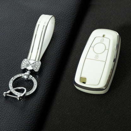 FOB2T1 White-Silver Plating Car Key Cover TPU Car Key Cover Protector Fob Fit for Ford F-150 F-250 F-350 Ecosport Edge Explorer Fusion Mustang Car Key Holder
