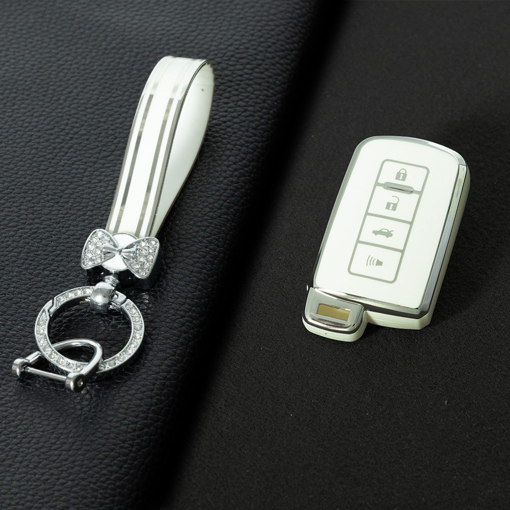 TOD4T1 White-Silver Plating For Toyota Camry TPU Car Key Case Cover Bag Shell Fob Protector 4 Button