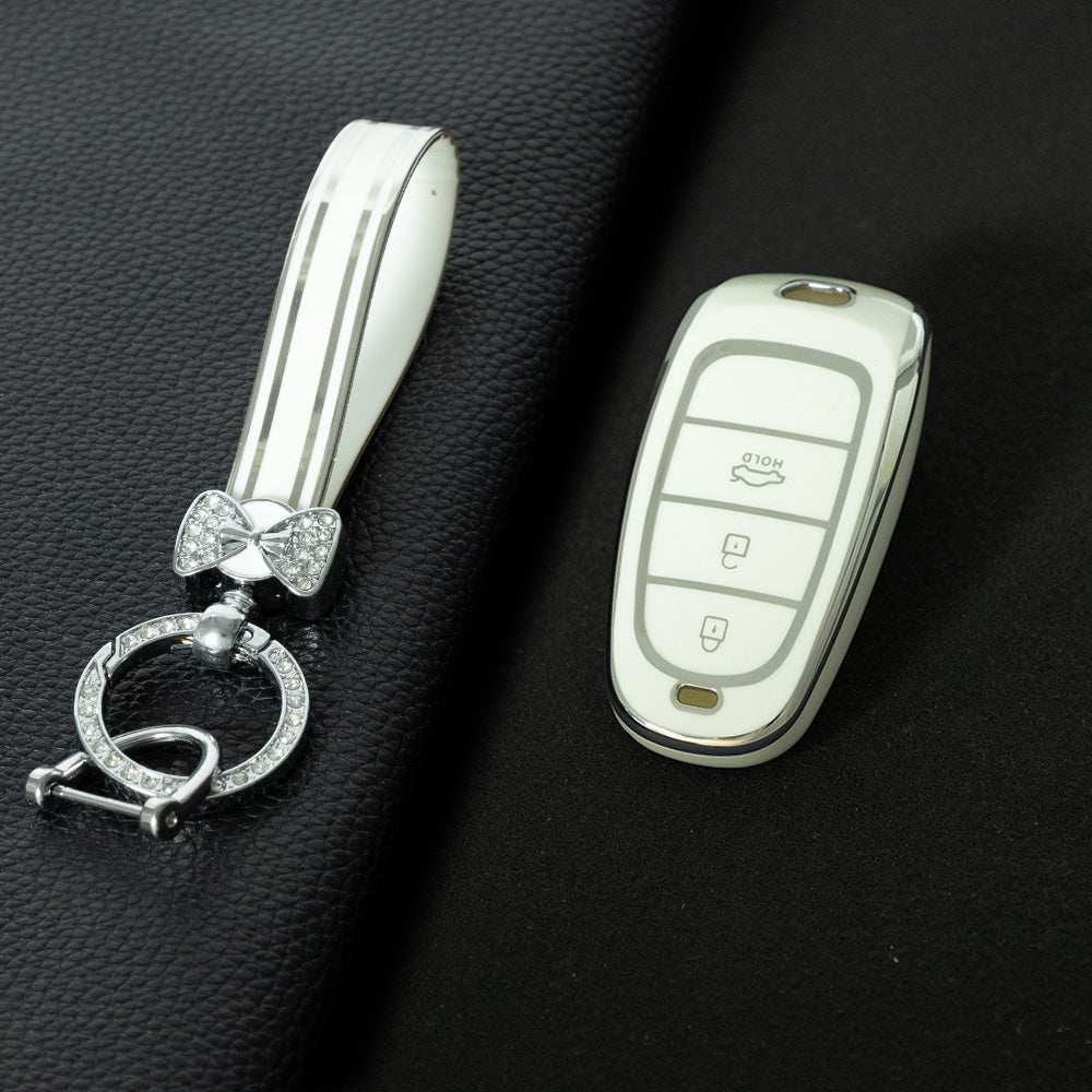 HYE1T1 White-Silver Plating Tpu Car Smart Key Case Cover for Hyundai Tucson Solaris Sonata Hybrid Nexo Nx4 Santafe Dn8 Keyless Protector Shell Accessories