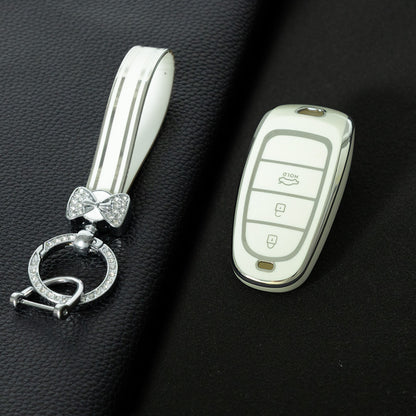 HYE1T1 White-Silver Plating Tpu Car Smart Key Case Cover for Hyundai Tucson Solaris Sonata Hybrid Nexo Nx4 Santafe Dn8 Keyless Protector Shell Accessories