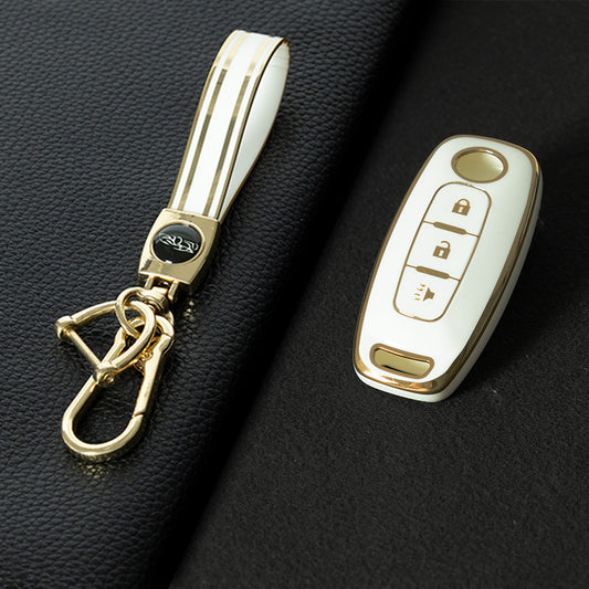 NIA5T1 White-Gold Plating TPU Car Key Cover Key Fob Holder Suitable for Nissan Sylphy Bluebird Teana X-Trail Murano GTR