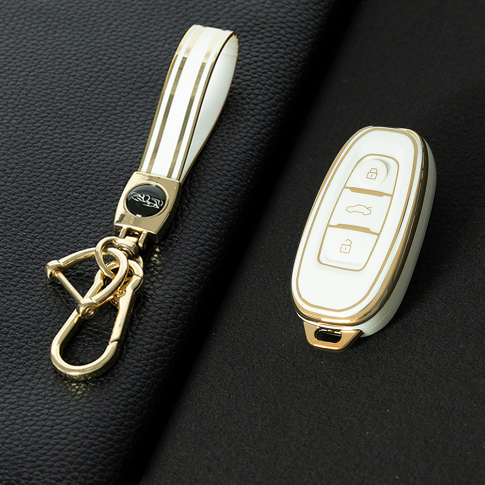 HNC1T1 White-Gold Plating Soft TPU Car Key Case Cover Shell for Hongqi BESTURN B50 B70 E-HS3 H5 H7 Saloon H9 HQ3 HS5 HS7 SHENGSHI Key Rings Keychain Bag