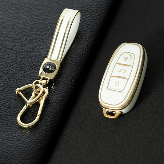 HNC1T1 White-Gold Plating Soft TPU Car Key Case Cover Shell for Hongqi BESTURN B50 B70 E-HS3 H5 H7 Saloon H9 HQ3 HS5 HS7 SHENGSHI Key Rings Keychain Bag