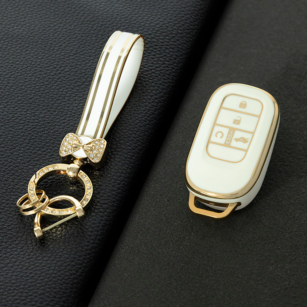 HOB1T1 White-Gold Plating Car Key Cover For Honda Civic Accord HR-V CR-V CRV 2021 2022 2023 5Buttons Auto Shell Fob Holder TPU Car Key Case Cover Keychain Accessories