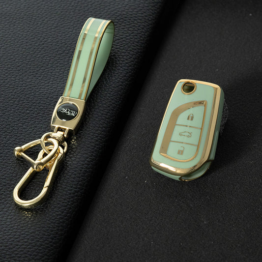 TOA1T1 Green-Gold Plating Car Key Cover Premium Soft TPU Car Key Case Cover Shell for Toyota COROLLA camry LEVIN REIZ highlander RAV4 Fold Key Rings Keychain Bag