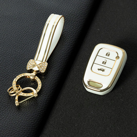 HOM2T1 White-Gold Plating TPU Car Key Case Cover for Honda VEZEL City Fit