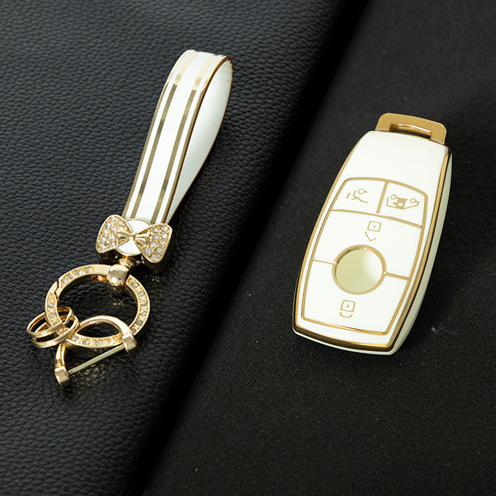 MEB3T1 White-Gold Plating Mercedes-Benz New Euro/C200L/GLC260L Car Key Cover TPU Protection Buckle Case for E-Class E300L Waterproof Fashion Model