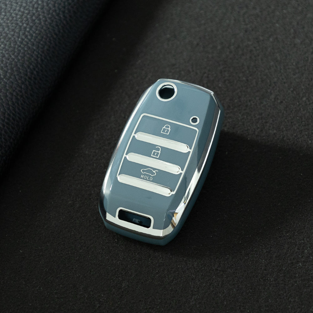 KIE1T1 Granny Grey-Silver Plating Car Key Cover Fashionable Soft TPU Key Fob Cover for Kia Rio K3 2014-2016 Model-Year Protective Car Key Accessory