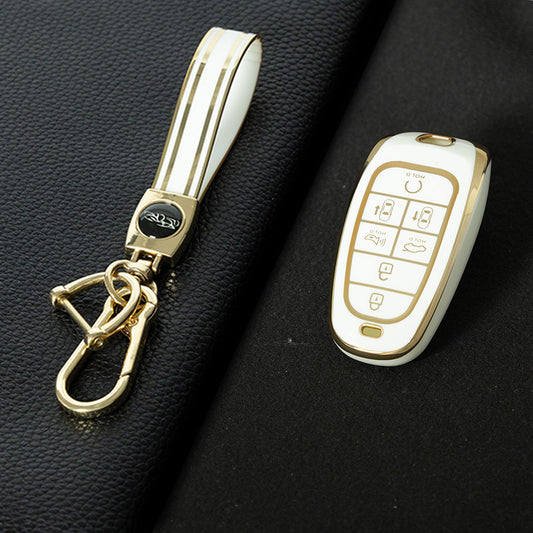 HYE4T1 White-Gold Plating 7 Buttons TPU Car Smart Key Case Cover for Hyundai Tucson Solaris Sonata Hybrid NEXO NX4 Santafe Dn8 2020 - 2023 Accessories