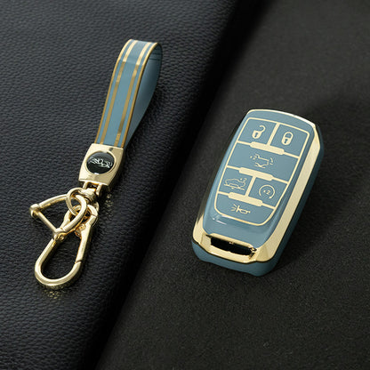 JEE1T1 Granny Grey-Gold Plating TPU Car Key Case Cover for Jeep Dodge GMC RAM Trucks T-REX Challenger Jcuv