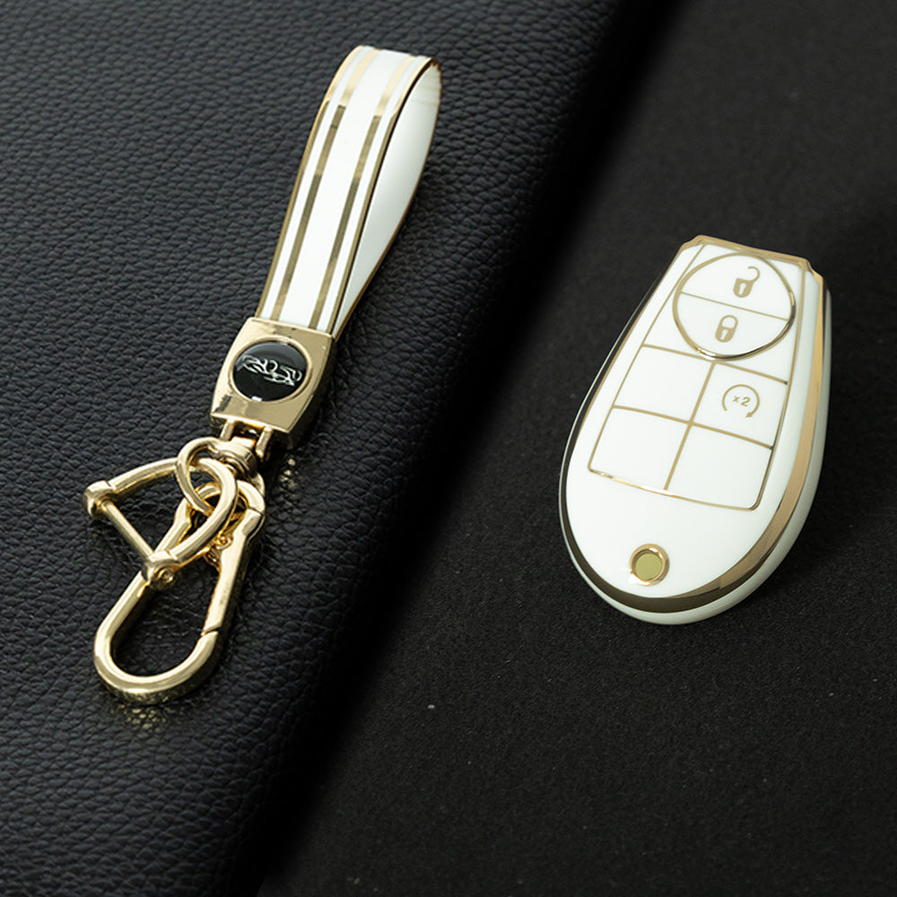 JEC3T1 White-Gold Plating TPU Car Key Cover Case for Dodge Challenger Charger Magnum Journey Ram Jeep Commander Grand Cherokee Chrysler 300