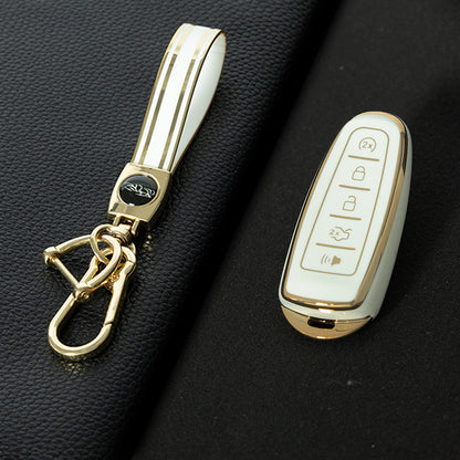 FOJ1T1 White-Gold Plating Soft TPU Car Remote Key Case Cover Shell for Ford Fusion Fiesta Mondeo Ecosport Kuga Escort Everest Ranger F150 Protector Holder