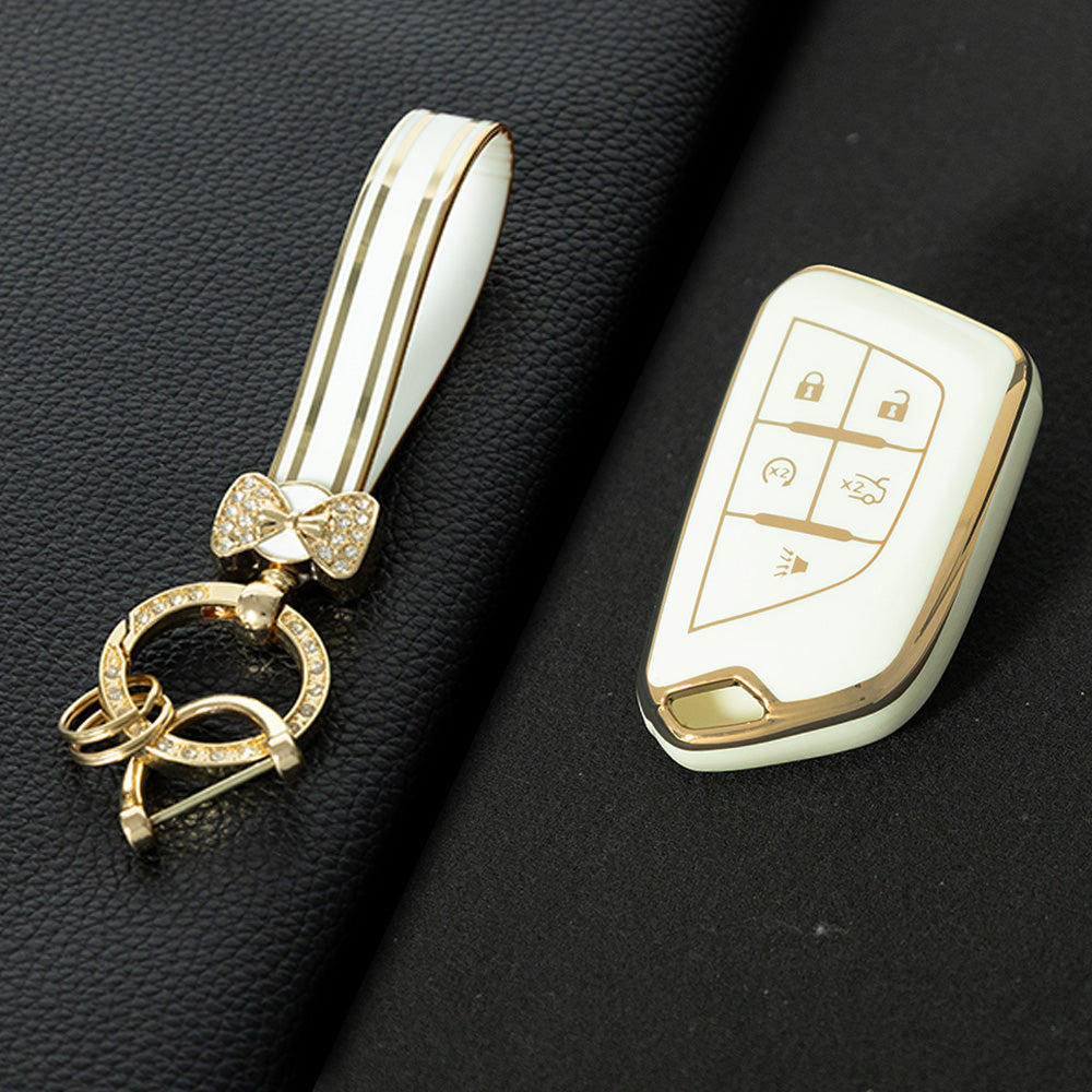 CAB1T1 White-Gold Plating TPU Premium Soft Car Key Case Cover Shell for Cadillac XT5 XT4 XT6 CT5 CT6 CT4 XTS ATSL SRX Key Ring Keychain Bag Accessory