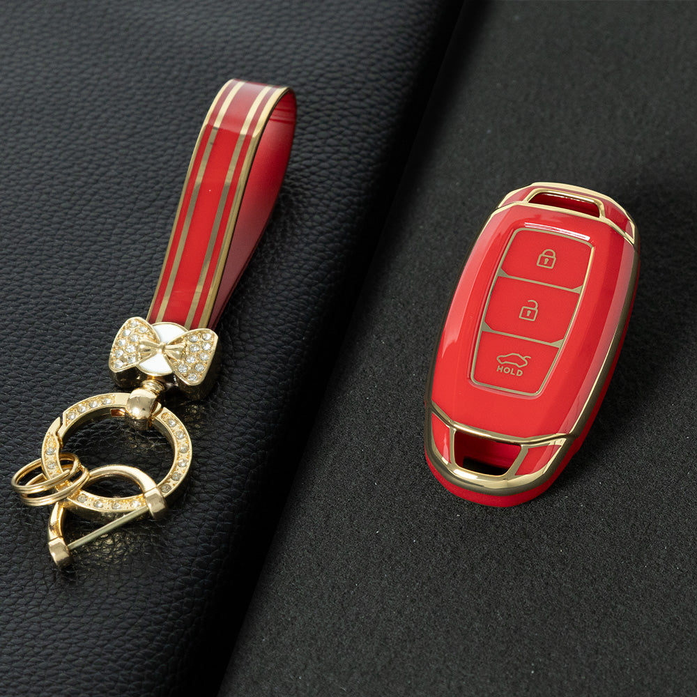 HYA1T1 Red-Gold Plating Car Key Cover 3 Buottons TPU Car Key Case Cover Shell Fob Holder for Hyundai Palisade Limited Palisade Elantra Sel Elantra Santa Fe Veloster