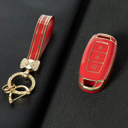 HYA1T1 Red-Gold Plating Car Key Cover 3 Buottons TPU Car Key Case Cover Shell Fob Holder for Hyundai Palisade Limited Palisade Elantra Sel Elantra Santa Fe Veloster