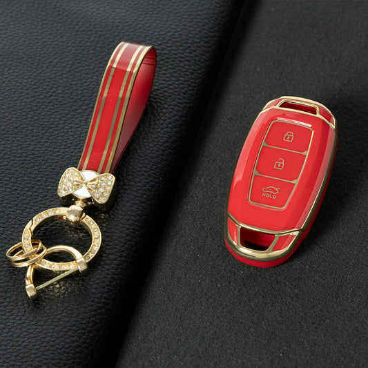 HYA1T1 Red-Gold Plating Car Key Cover 3 Buottons TPU Car Key Case Cover Shell Fob Holder for Hyundai Palisade Limited Palisade Elantra Sel Elantra Santa Fe Veloster