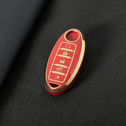 NIB6T1 Red-Gold Plating Car Key Cover Silver Edge TPU Car Key Cover Keychain Fob Case Accessories for Nissan Note Qashqai Pathfinder Rogue Versa Infiniti Q50 Kia