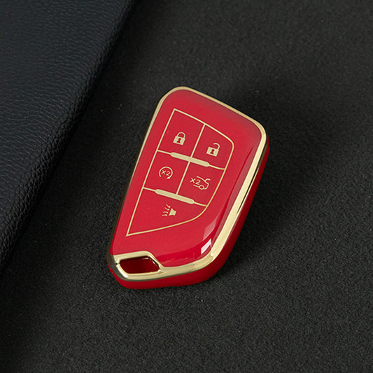 CAB1T1 Red-Gold Plating TPU Premium Soft Car Key Case Cover Shell for Cadillac XT5 XT4 XT6 CT5 CT6 CT4 XTS ATSL SRX Key Ring Keychain Bag Accessory