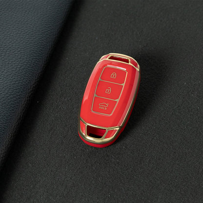 HYA1T1 Red-Gold Plating Car Key Cover 3 Buottons TPU Car Key Case Cover Shell Fob Holder for Hyundai Palisade Limited Palisade Elantra Sel Elantra Santa Fe Veloster