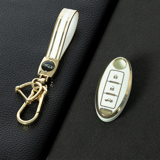 NIB3T1 White-Gold Plating Car Key Cover High Quality Soft TPU 3-Button Popular Key Case Cover Shell for Nissan Patrol Tiida Qashqai X-Trail Juke Navara Car Accessory