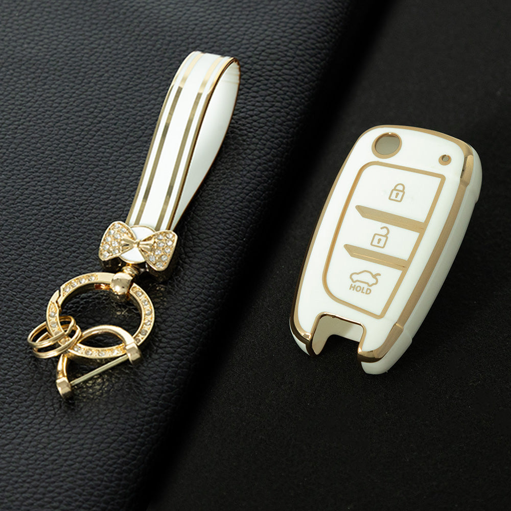 HYB1T1 White-Gold Plating TPU Car Folding Key Case Cover Holder for Hyundai Azera Elantra Solaris Tucson I30 I35 I40 KONA Genesis Santa Fe Shell Fob