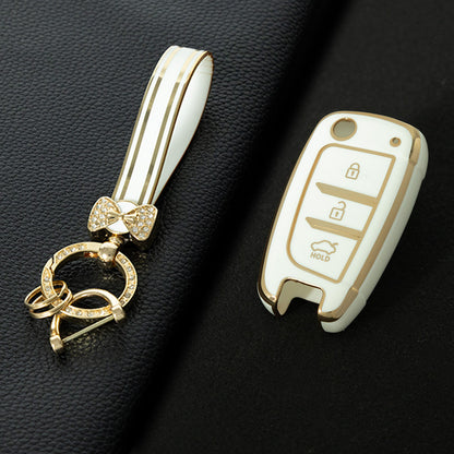 HYB1T1 White-Gold Plating TPU Car Folding Key Case Cover Holder for Hyundai Azera Elantra Solaris Tucson I30 I35 I40 KONA Genesis Santa Fe Shell Fob