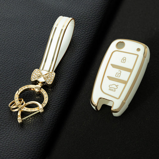 HYB1T1 White-Gold Plating TPU Car Folding Key Case Cover Holder for Hyundai Azera Elantra Solaris Tucson I30 I35 I40 KONA Genesis Santa Fe Shell Fob