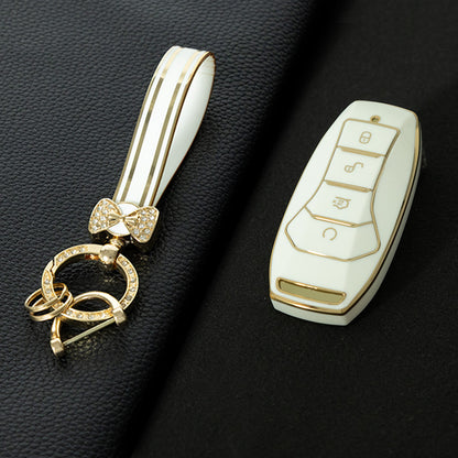 BYA1T1 White-Gold Plating Car Key Cover TPU premium soft car key cover for BYD Song Plus, Qin DMI, Han EV Yuan Pro, Tang ATTO, with 3 key rings and key chain pouch accessories.