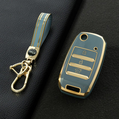KIE1T1 Granny Grey-Gold Plating Car Key Cover Fashionable Soft TPU Key Fob Cover for Kia Rio K3 2014-2016 Model-Year Protective Car Key Accessory