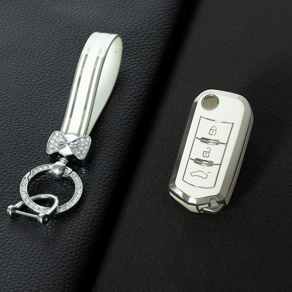 TRD1T1 White-Silver Plating Car Key Cover New Soft TPU Car Remote Key Case Cover Holder for GAC Trumpchi GS GA3 GA5 GA6 GS4 GS8 Keyless Protector Shell Auto Accessories