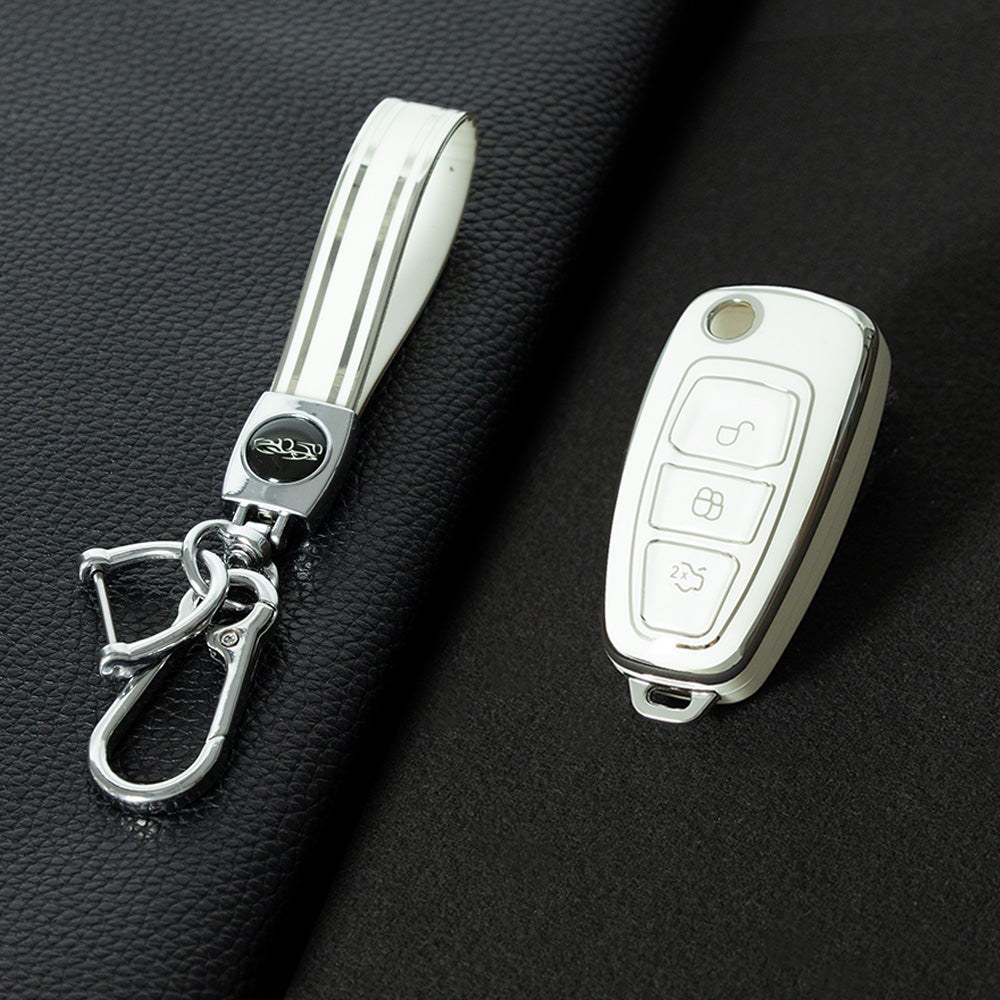 FOD1T1 White-Silver Plating Car Key Cover TPU Car Folding Key Case Cover Bag Keychain for Ford Focus C-Max S-Max Galaxy Mondeo Ranger Transit Tourneo Custom